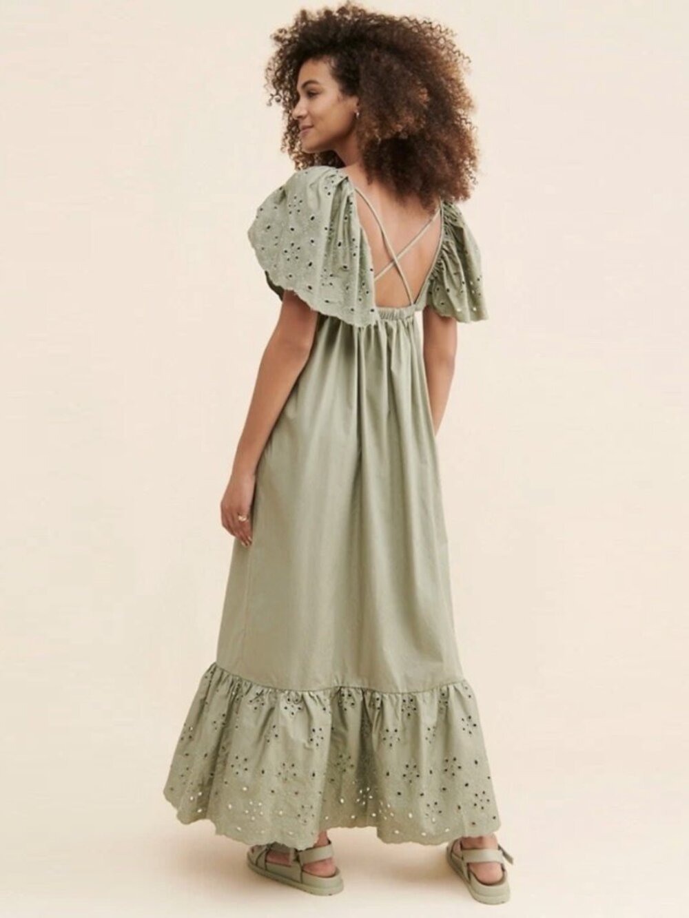 En Saison Anthropologie Eyelet Flutter Sleeve Cotton VNeck Maxi Dress Pockets XS - Picture 4 of 12